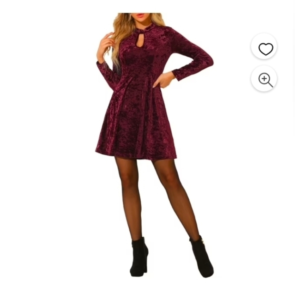 Allegra K Women's Dress Velvet Choker Neck Long Sleeve High Waist A-Line Mini Dr